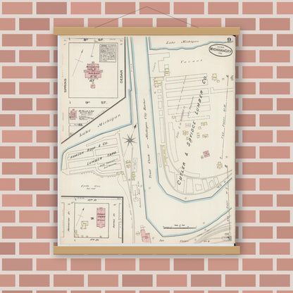 Old map wall art mockup — magnetic wood frame on brick wall — Sanborn Fire Insurance Map from Michigan City, La Porte  County, Indiana (1884), Sheet #0009