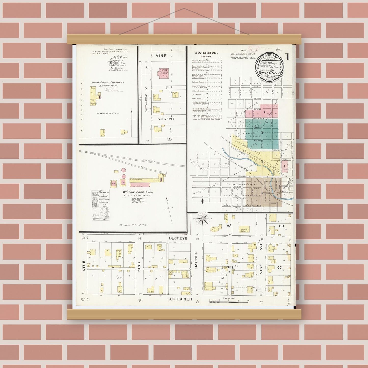 Old map wall art mockup — magnetic wood frame on brick wall — Sanborn Fire Insurance Map from What Cheer, Keokuk County, Iowa (1893), Sheet #0001