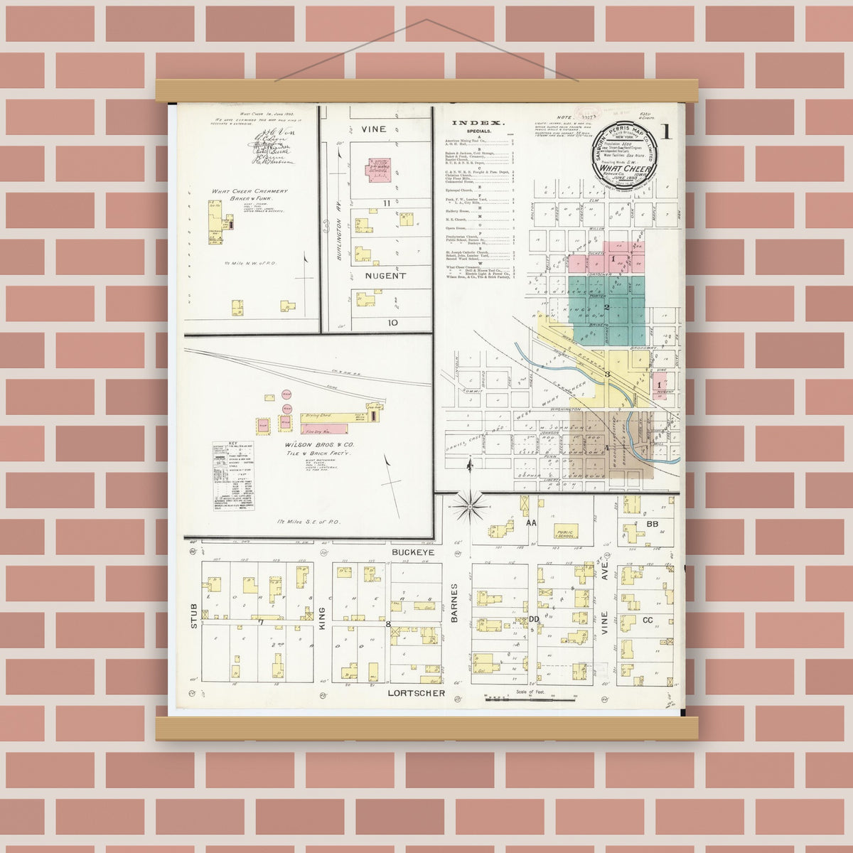 Old map wall art mockup — magnetic wood frame on brick wall — Sanborn Fire Insurance Map from What Cheer, Keokuk County, Iowa (1893), Sheet #0001