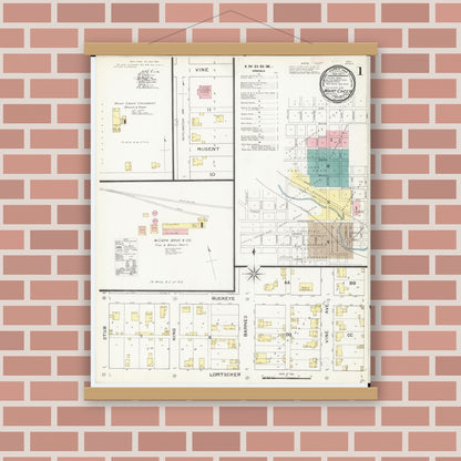 Old map wall art mockup — magnetic wood frame on brick wall — Sanborn Fire Insurance Map from What Cheer, Keokuk County, Iowa (1893), Sheet #0001