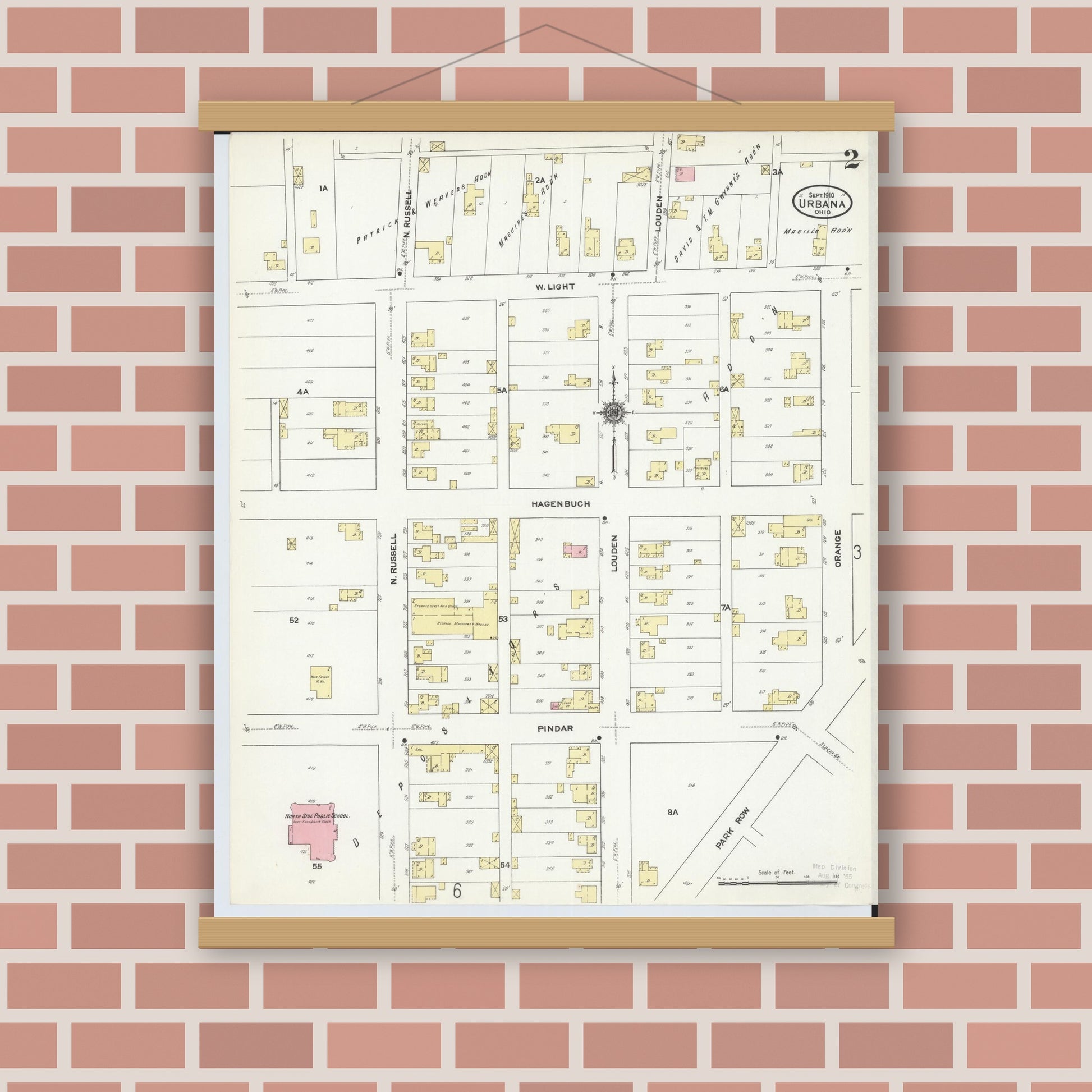 Old map wall art mockup — magnetic wood frame on brick wall — Sanborn Fire Insurance Map from Urbana, Champaign County, Ohio (1910), Sheet #0002