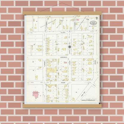 Old map wall art mockup — magnetic wood frame on brick wall — Sanborn Fire Insurance Map from Urbana, Champaign County, Ohio (1910), Sheet #0002