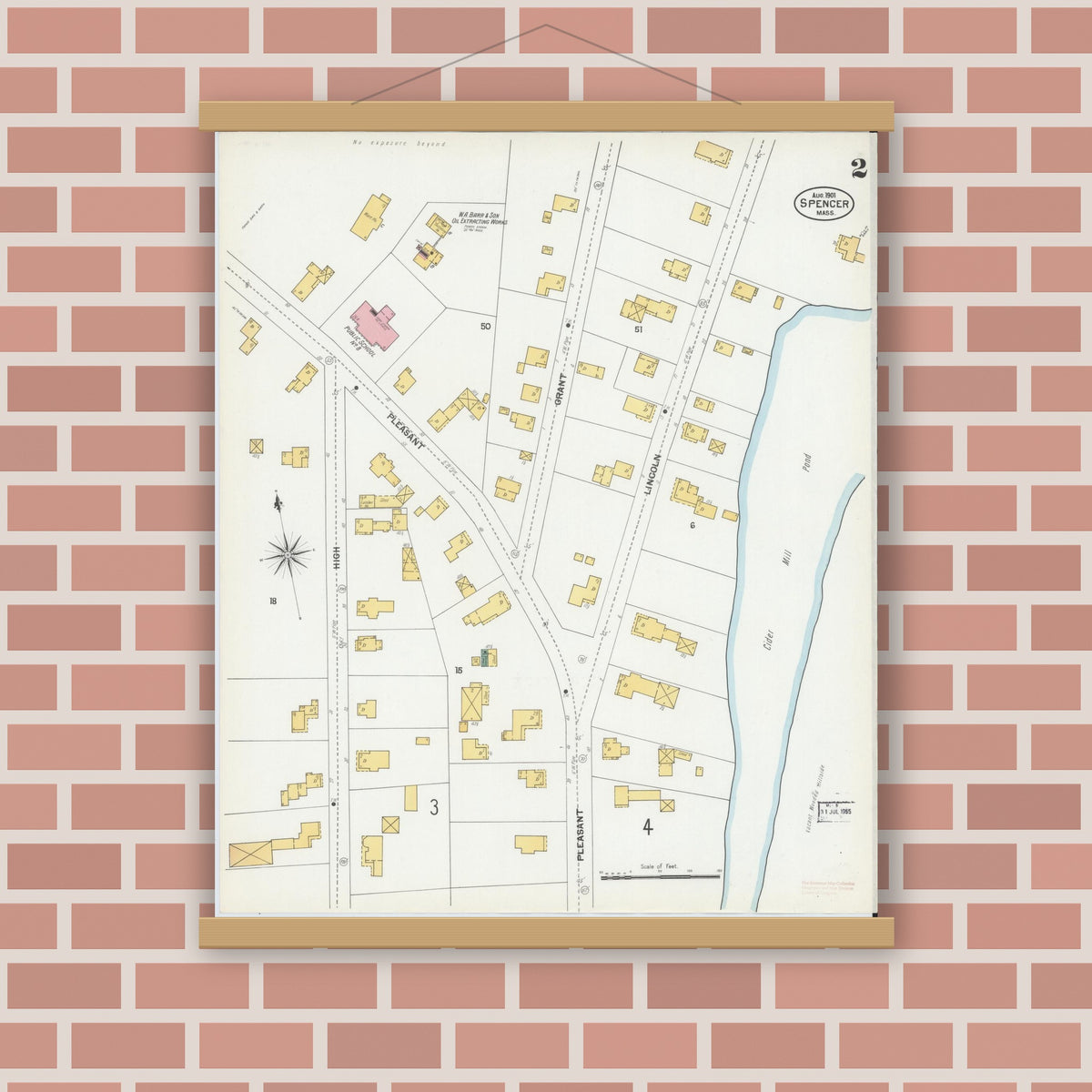 Old map wall art mockup — magnetic wood frame on brick wall — Sanborn Fire Insurance Map from Spencer, Worcester County, Massachusetts (1901), Sheet #0002