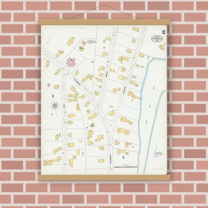 Old map wall art mockup — magnetic wood frame on brick wall — Sanborn Fire Insurance Map from Spencer, Worcester County, Massachusetts (1901), Sheet #0002