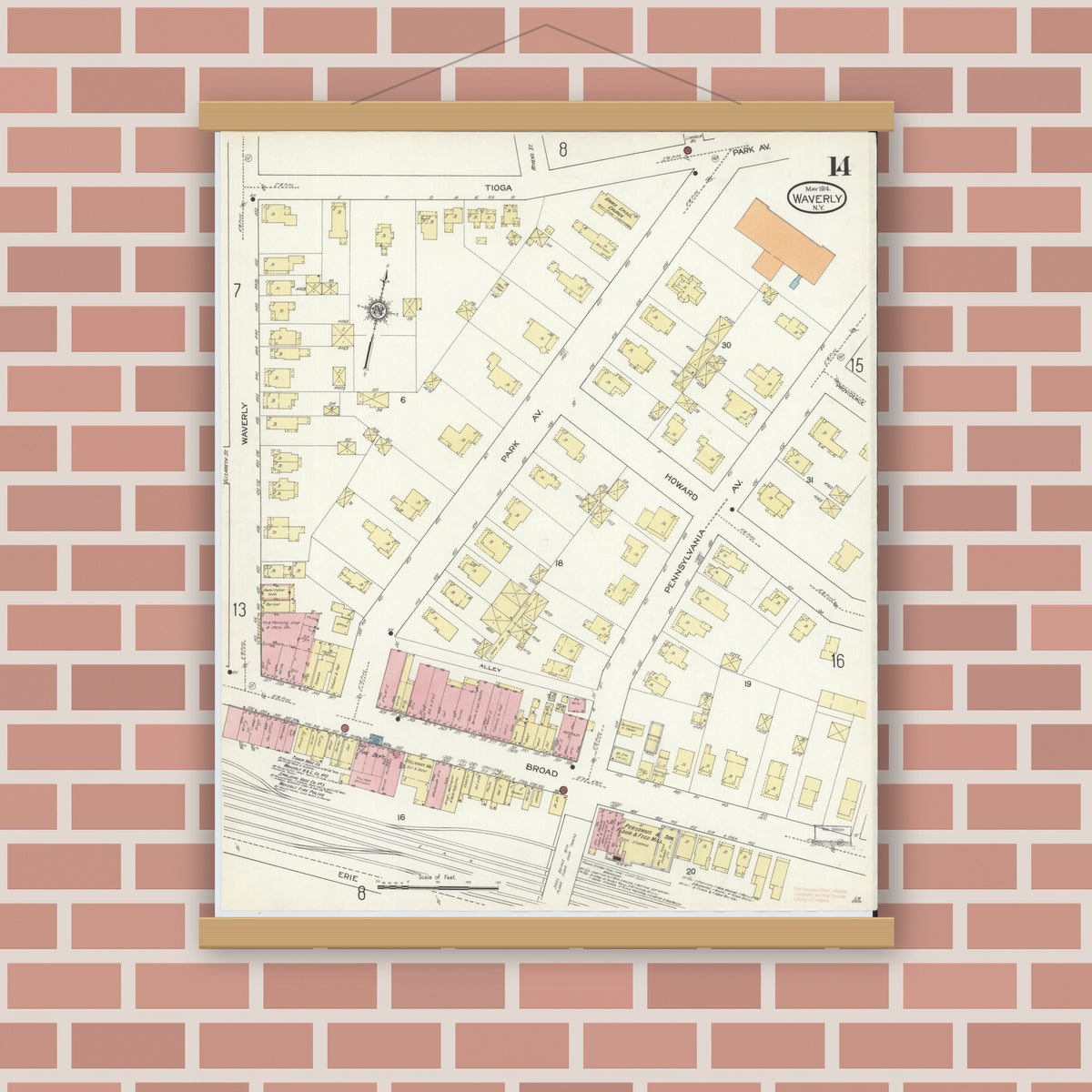 Old map wall art mockup — magnetic wood frame on brick wall — Sanborn Fire Insurance Map from Waverly, Tioga County, New York (1914), Sheet #0014