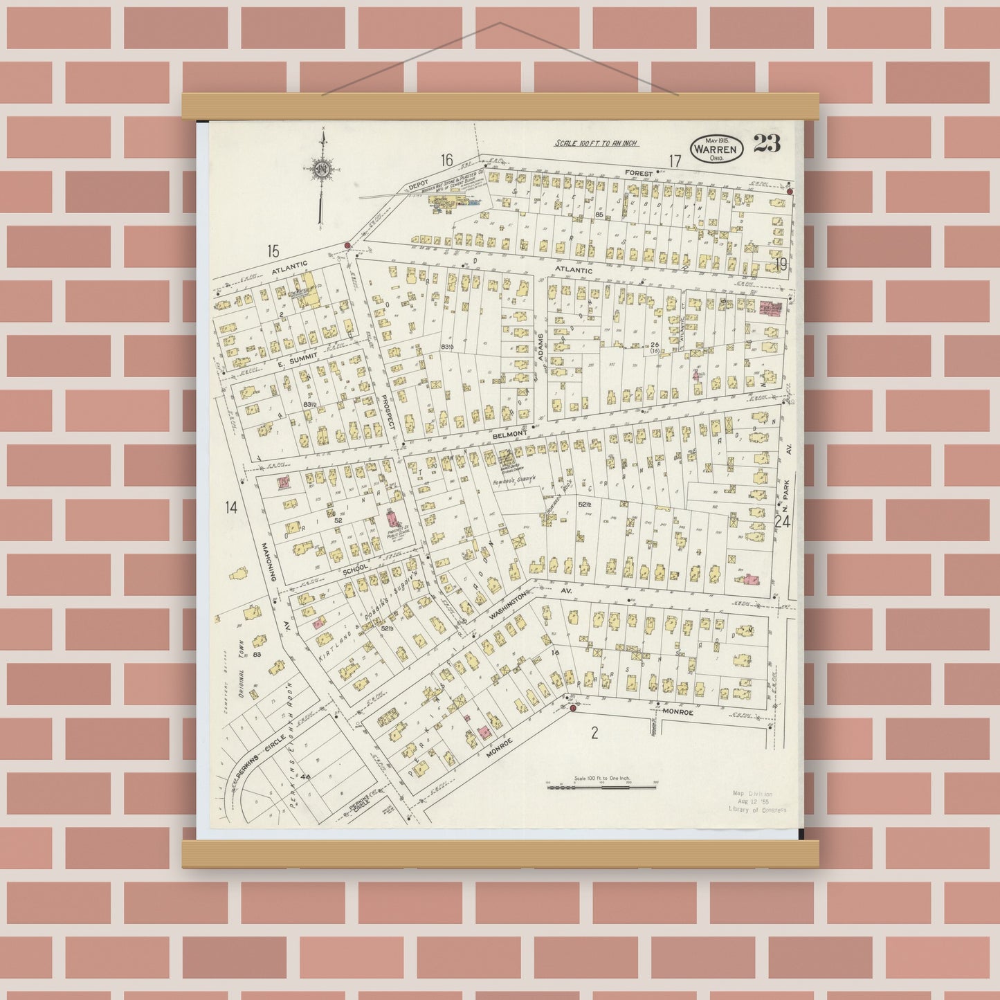 Old map wall art mockup — magnetic wood frame on brick wall — Sanborn Fire Insurance Map from Warren, Trumbull County, Ohio (1915), Sheet #0023