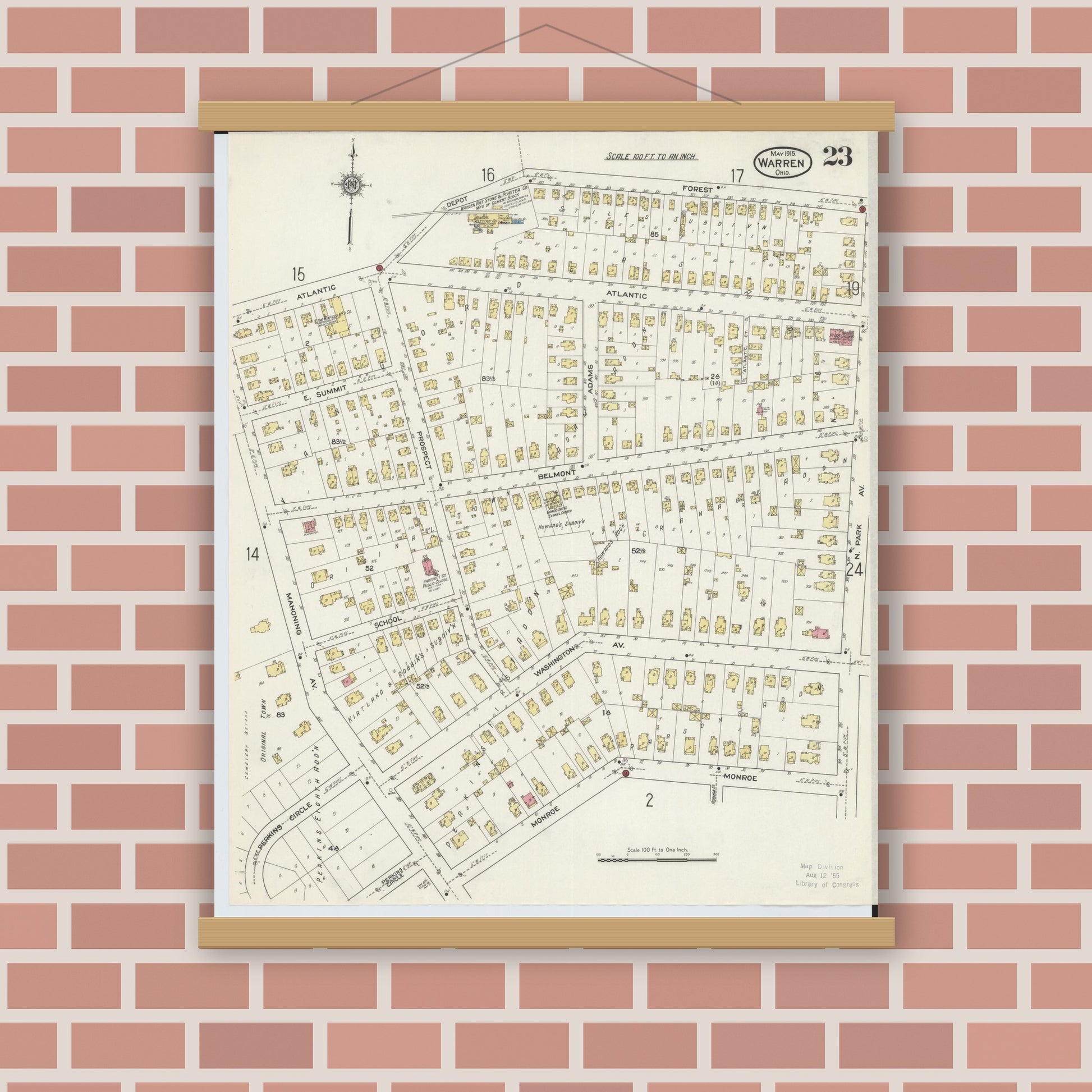 Old map wall art mockup — magnetic wood frame on brick wall — Sanborn Fire Insurance Map from Warren, Trumbull County, Ohio (1915), Sheet #0023