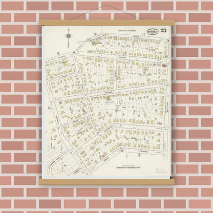 Old map wall art mockup — magnetic wood frame on brick wall — Sanborn Fire Insurance Map from Warren, Trumbull County, Ohio (1915), Sheet #0023