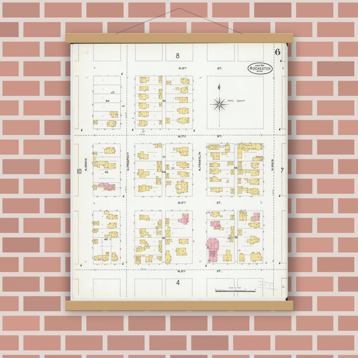 Old map wall art mockup — magnetic wood frame on brick wall — Sanborn Fire Insurance Map from Rochester, Olmsted County, Minnesota (1904), Sheet #0006