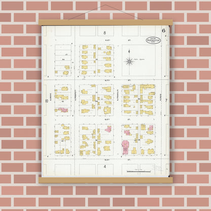 Old map wall art mockup — magnetic wood frame on brick wall — Sanborn Fire Insurance Map from Rochester, Olmsted County, Minnesota (1904), Sheet #0006