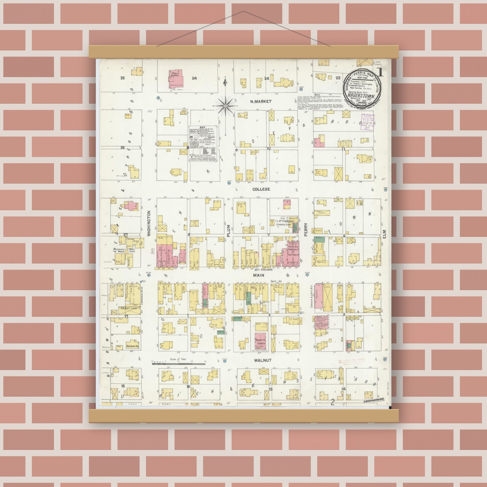 Old map wall art mockup — magnetic wood frame on brick wall — Sanborn Fire Insurance Map from Hagerstown, Wayne County, Indiana (1901), Sheet #0001