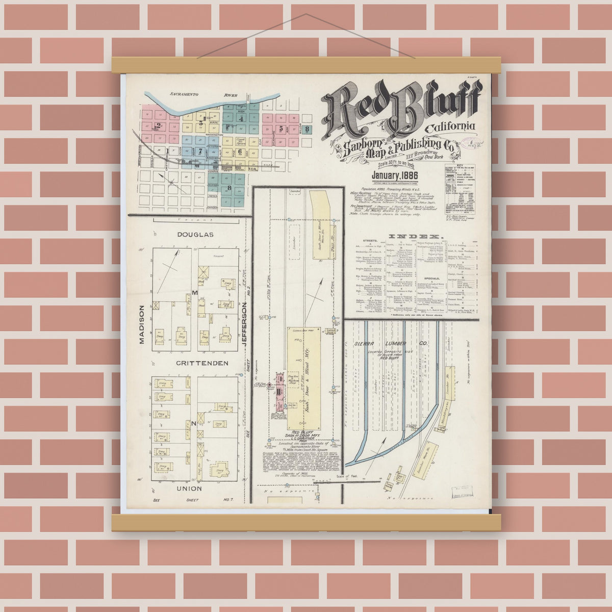 Old map wall art mockup — magnetic wood frame on brick wall — Sanborn Fire Insurance Map from Red Bluff, Tehama County, California (1886) - Complete Map Set