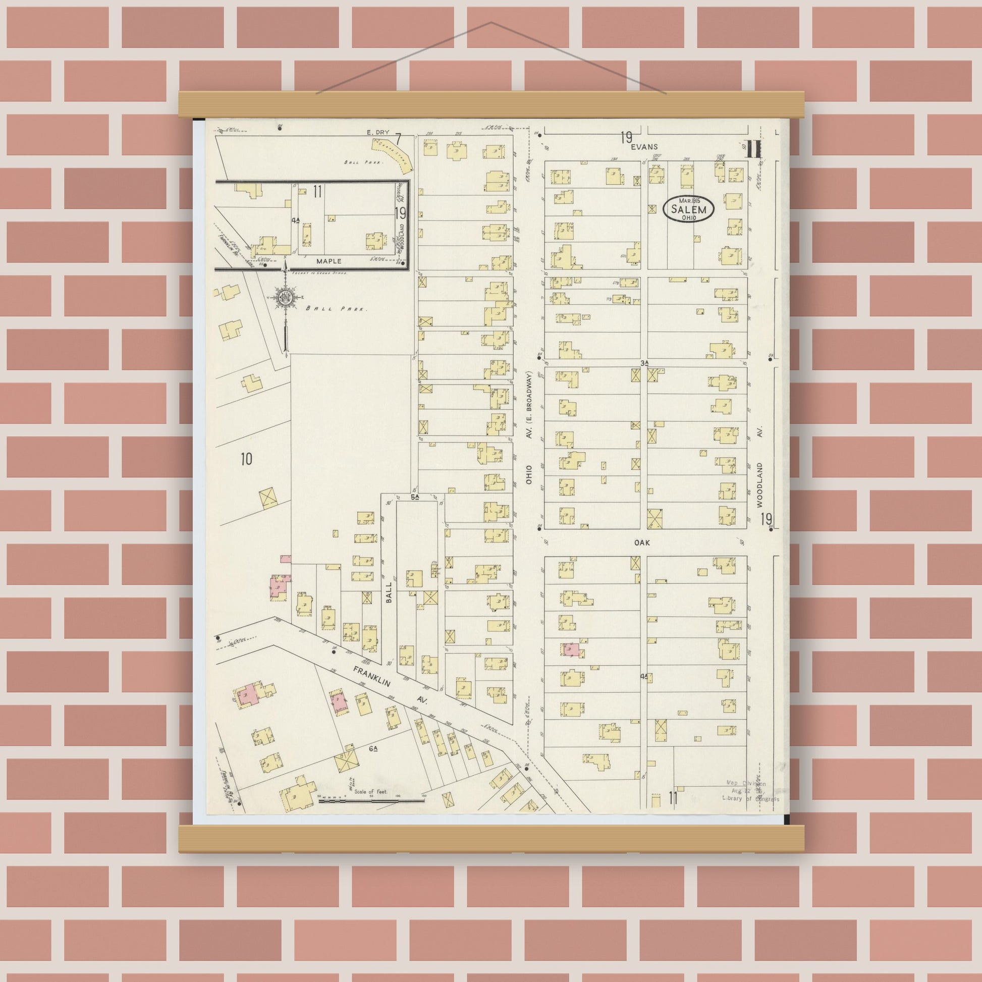 Old map wall art mockup — magnetic wood frame on brick wall — Sanborn Fire Insurance Map from Salem, Columbiana County, Ohio (1915), Sheet #0011