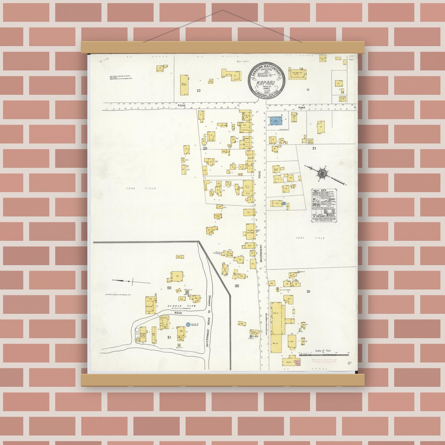 Old map wall art mockup — magnetic wood frame on brick wall — Sanborn Fire Insurance Map from Kapaau, Hawaii County, Hawaii (1921), Sheet #0001