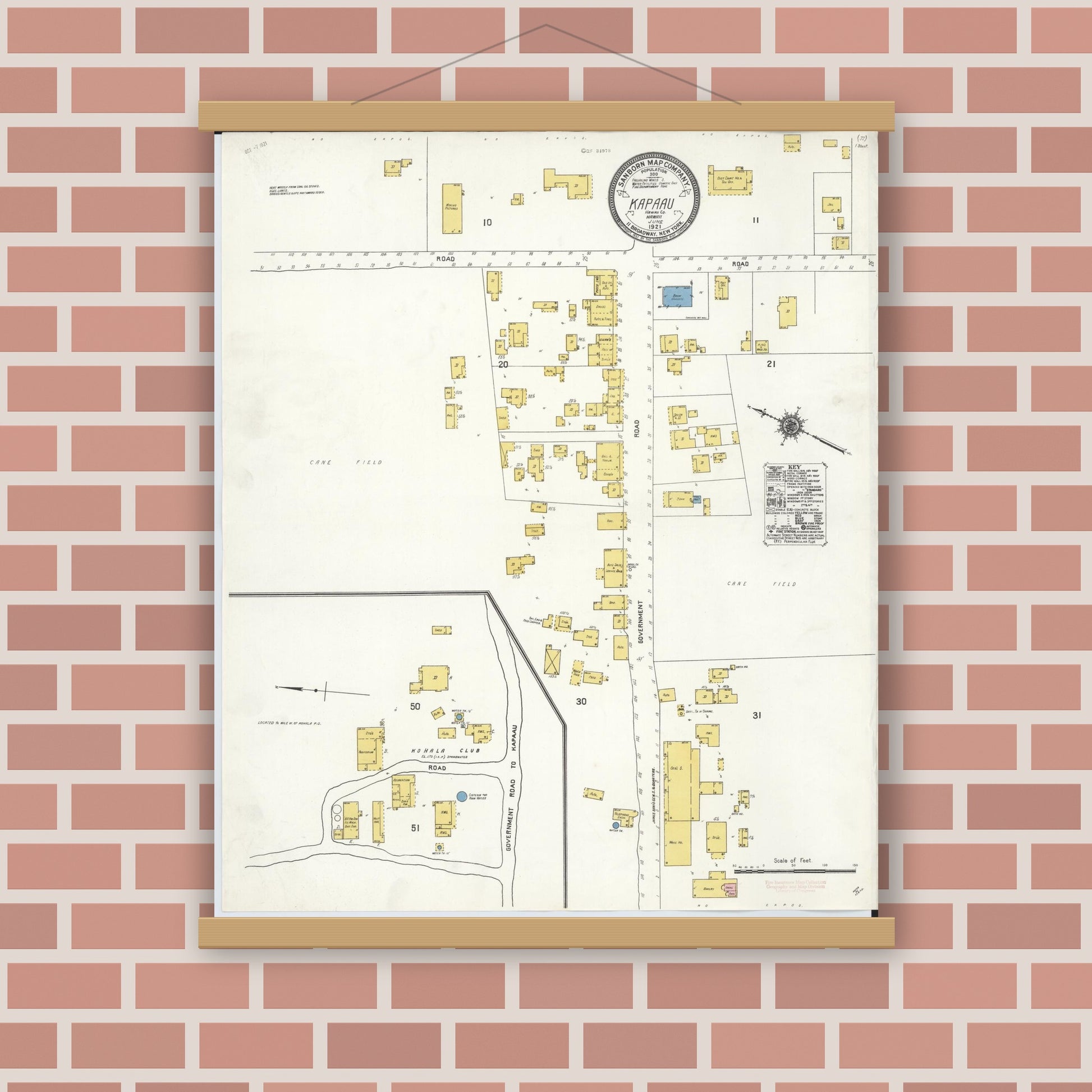 Old map wall art mockup — magnetic wood frame on brick wall — Sanborn Fire Insurance Map from Kapaau, Hawaii County, Hawaii (1921), Sheet #0001
