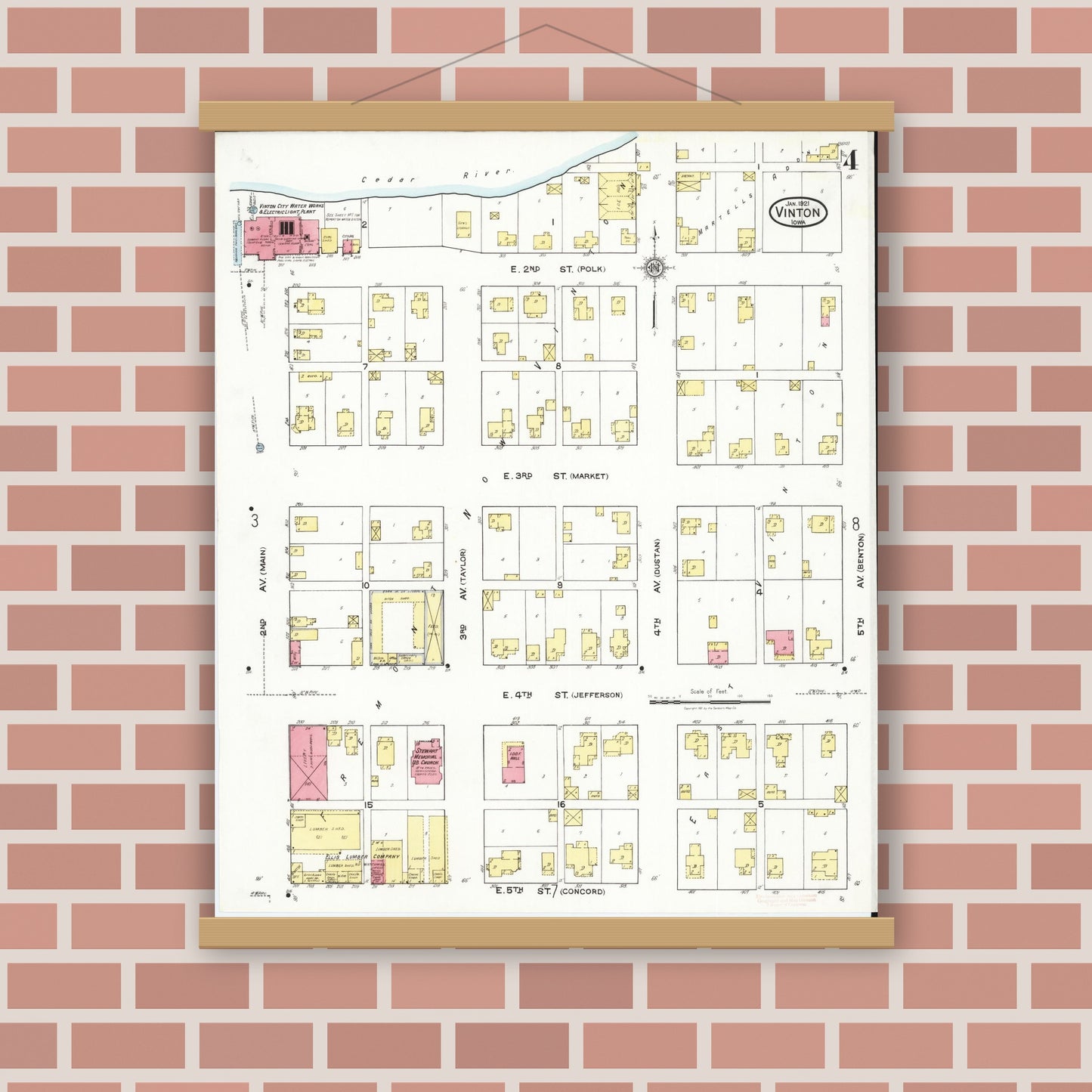 Old map wall art mockup — magnetic wood frame on brick wall — Sanborn Fire Insurance Map from Vinton, Benton County, Iowa (1921), Sheet #0004