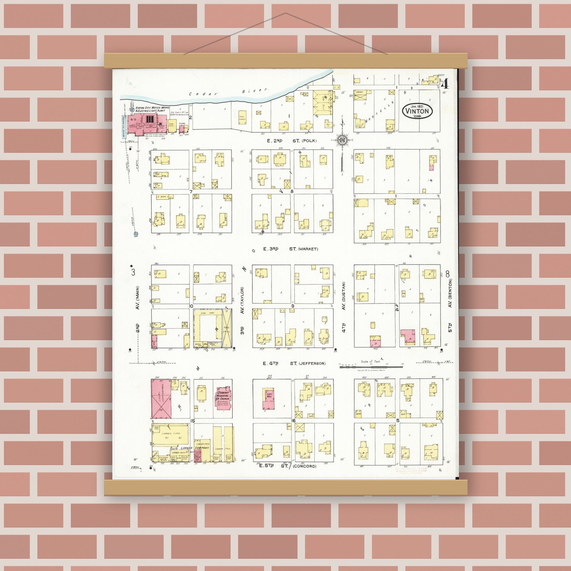 Old map wall art mockup — magnetic wood frame on brick wall — Sanborn Fire Insurance Map from Vinton, Benton County, Iowa (1921), Sheet #0004