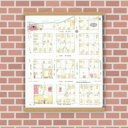 Old map wall art mockup — magnetic wood frame on brick wall — Sanborn Fire Insurance Map from Vinton, Benton County, Iowa (1921), Sheet #0004
