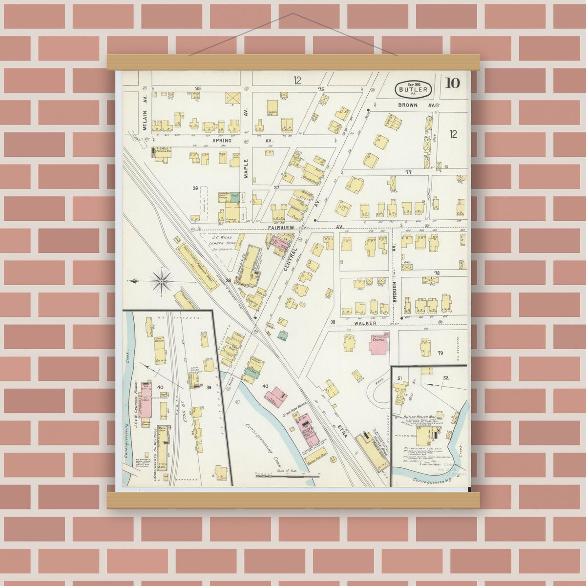 Old map wall art mockup — magnetic wood frame on brick wall — Sanborn Fire Insurance Map from Butler, Butler County, Pennsylvania (1896), Sheet #0010