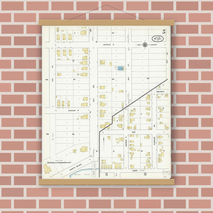 Old map wall art mockup — magnetic wood frame on brick wall — Sanborn Fire Insurance Map from Miami, Dade County, Florida (1910), Sheet #0005