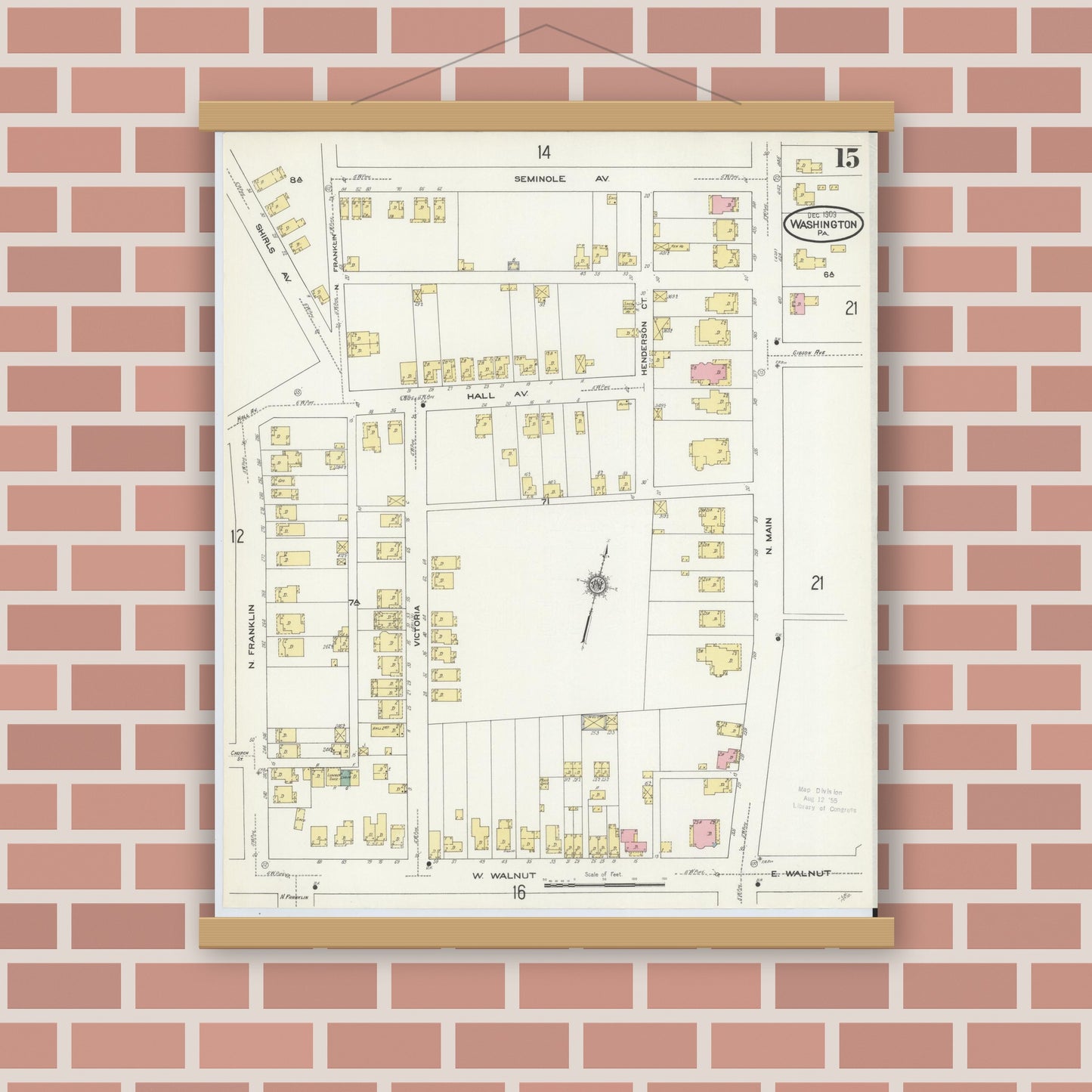 Old map wall art mockup — magnetic wood frame on brick wall — Sanborn Fire Insurance Map from Washington, Washington County, Pennsylvania (1909), Sheet #0015
