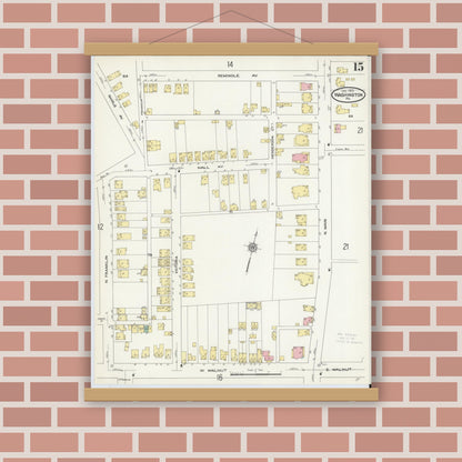 Old map wall art mockup — magnetic wood frame on brick wall — Sanborn Fire Insurance Map from Washington, Washington County, Pennsylvania (1909), Sheet #0015