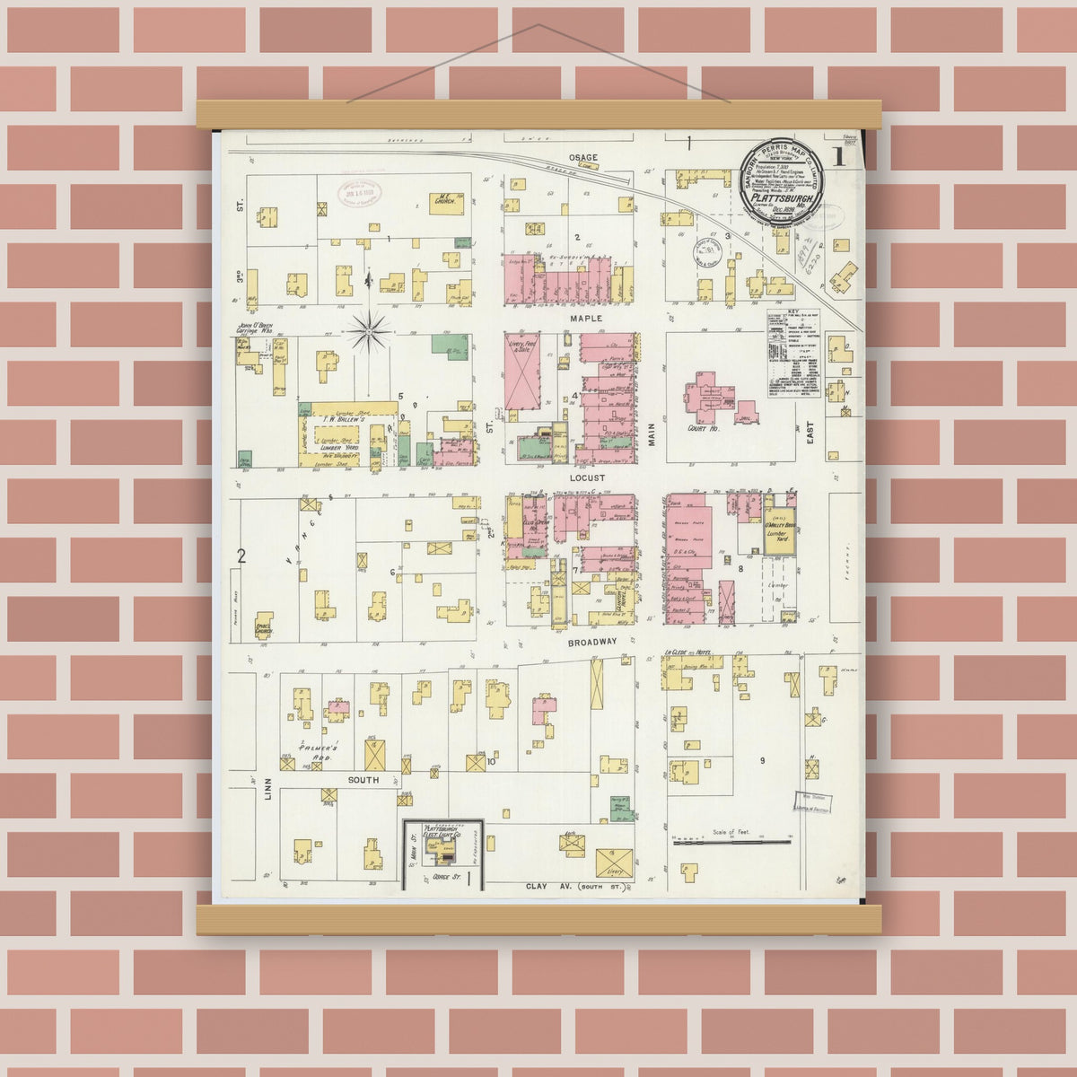 Old map wall art mockup — magnetic wood frame on brick wall — Sanborn Fire Insurance Map from Plattsburg, Clinton County, Missouri (1898) - Complete Map Set