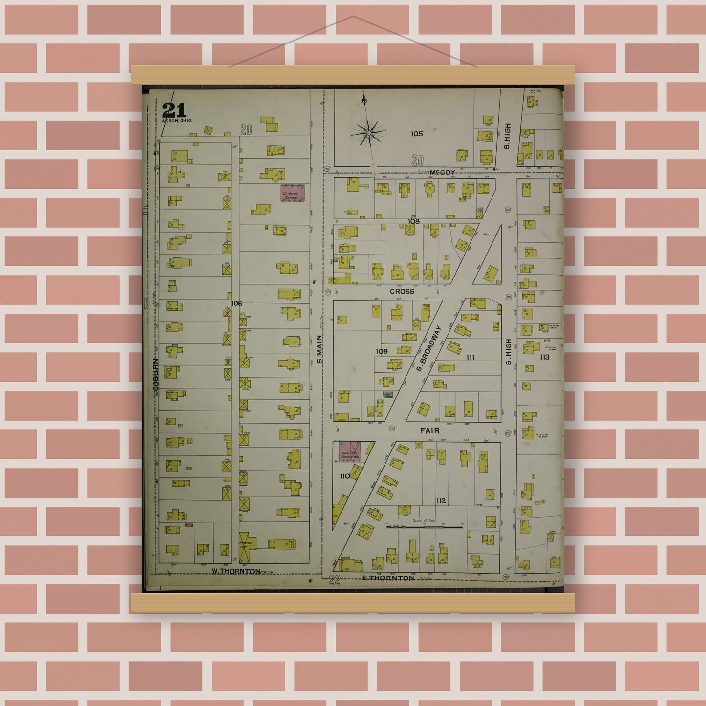 Old map wall art mockup — magnetic wood frame on brick wall — Sanborn Fire Insurance Map from Akron, Summit County, Ohio (1892), Sheet #0021