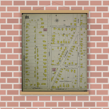 Old map wall art mockup — magnetic wood frame on brick wall — Sanborn Fire Insurance Map from Akron, Summit County, Ohio (1892), Sheet #0021