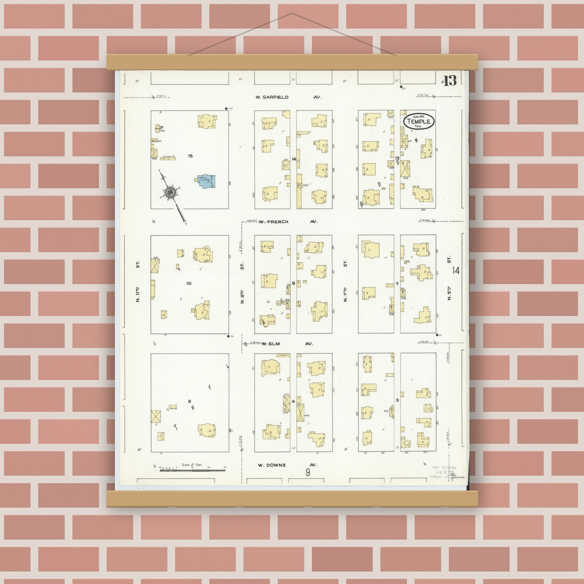 Old map wall art mockup — magnetic wood frame on brick wall — Sanborn Fire Insurance Map from Temple, Bell County, Texas (1910), Sheet #0013