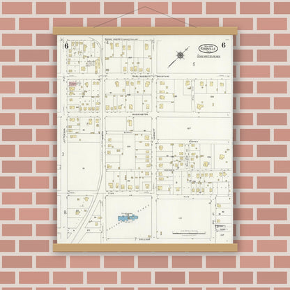 Old map wall art mockup — magnetic wood frame on brick wall — Sanborn Fire Insurance Map from Kerrville, Kerr County, Texas (1924), Sheet #0006