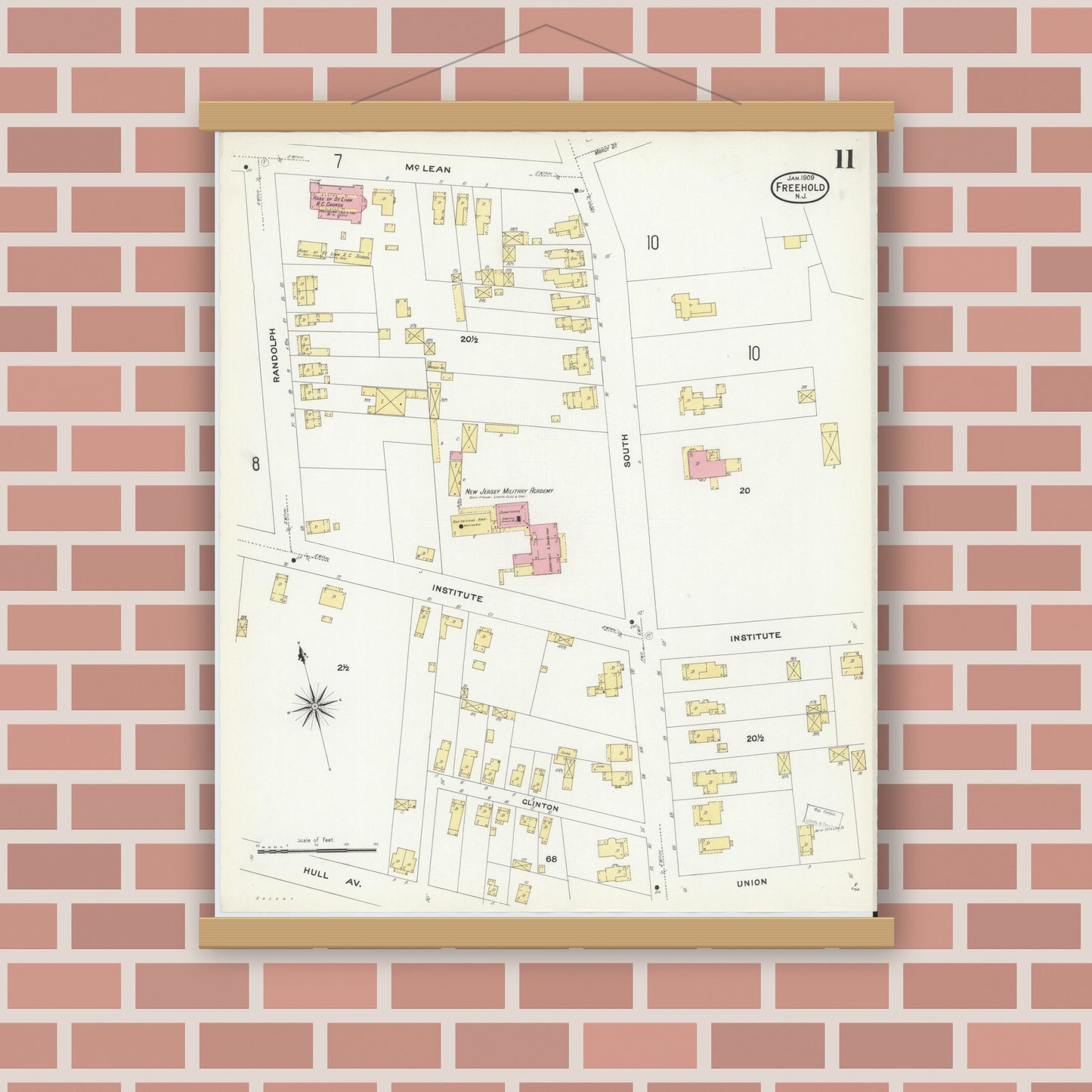 Old map wall art mockup — magnetic wood frame on brick wall — Sanborn Fire Insurance Map from Freehold, Monmouth County, New Jersey (1909), Sheet #0011