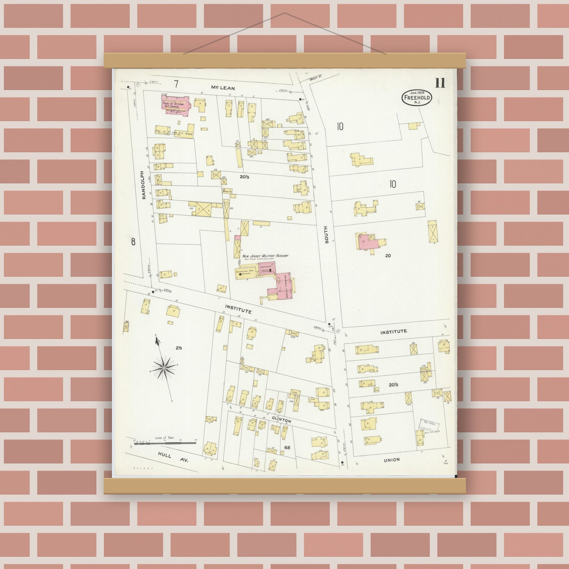 Old map wall art mockup — magnetic wood frame on brick wall — Sanborn Fire Insurance Map from Freehold, Monmouth County, New Jersey (1909), Sheet #0011