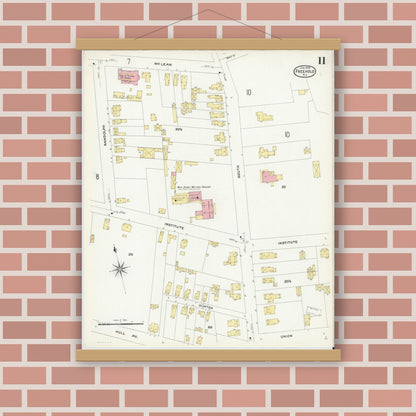 Old map wall art mockup — magnetic wood frame on brick wall — Sanborn Fire Insurance Map from Freehold, Monmouth County, New Jersey (1909), Sheet #0011