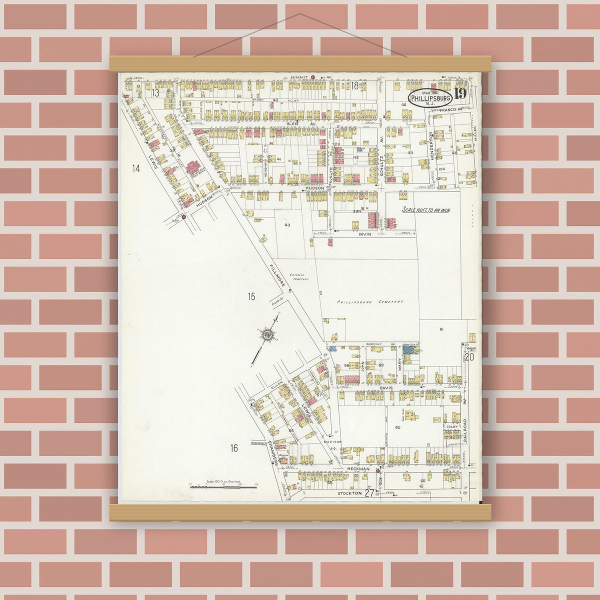 Old map wall art mockup — magnetic wood frame on brick wall — Sanborn Fire Insurance Map from Phillipsburg, Warren County, New Jersey (1916), Sheet #0019