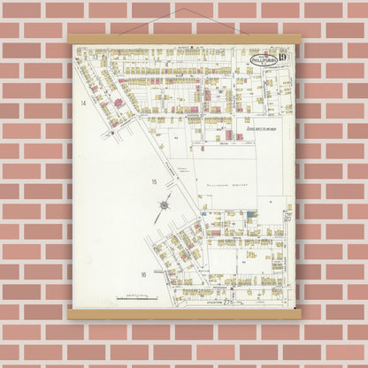 Old map wall art mockup — magnetic wood frame on brick wall — Sanborn Fire Insurance Map from Phillipsburg, Warren County, New Jersey (1916), Sheet #0019