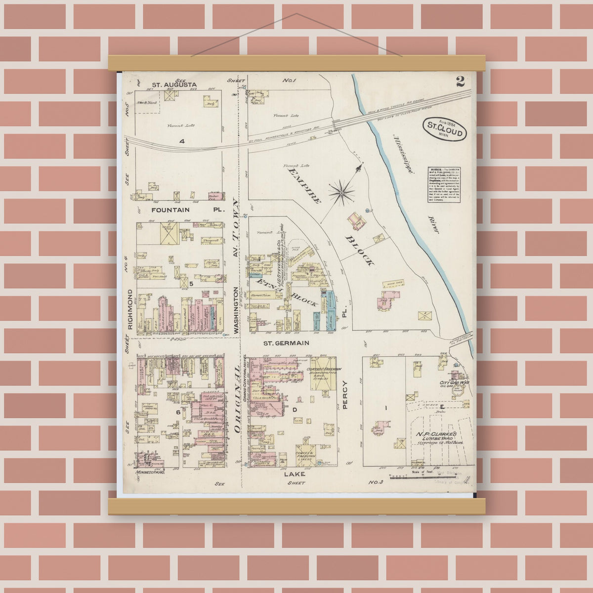 Old map wall art mockup — magnetic wood frame on brick wall — Sanborn Fire Insurance Map from Saint Cloud, Stearns, Benton, and Sherburne Counties, Minnesota (1884), Sheet #0002