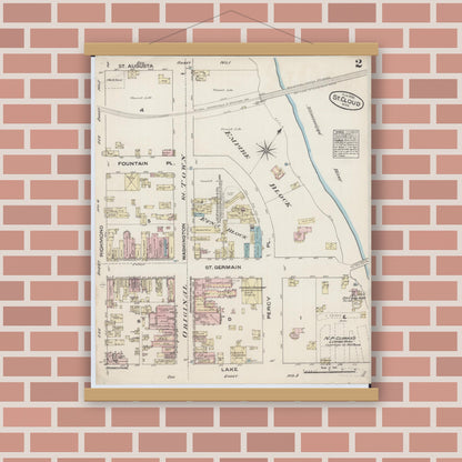 Old map wall art mockup — magnetic wood frame on brick wall — Sanborn Fire Insurance Map from Saint Cloud, Stearns, Benton, and Sherburne Counties, Minnesota (1884), Sheet #0002