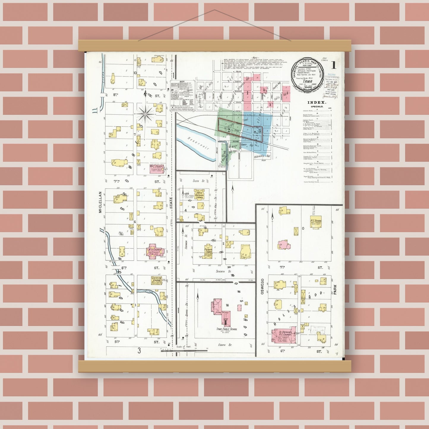 Old map wall art mockup — magnetic wood frame on brick wall — Sanborn Fire Insurance Map from Tama, Tama County, Iowa (1900), Sheet #0001