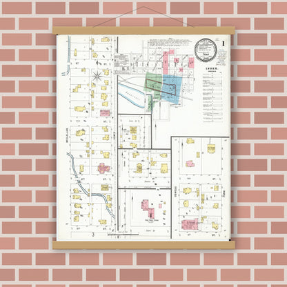 Old map wall art mockup — magnetic wood frame on brick wall — Sanborn Fire Insurance Map from Tama, Tama County, Iowa (1900), Sheet #0001