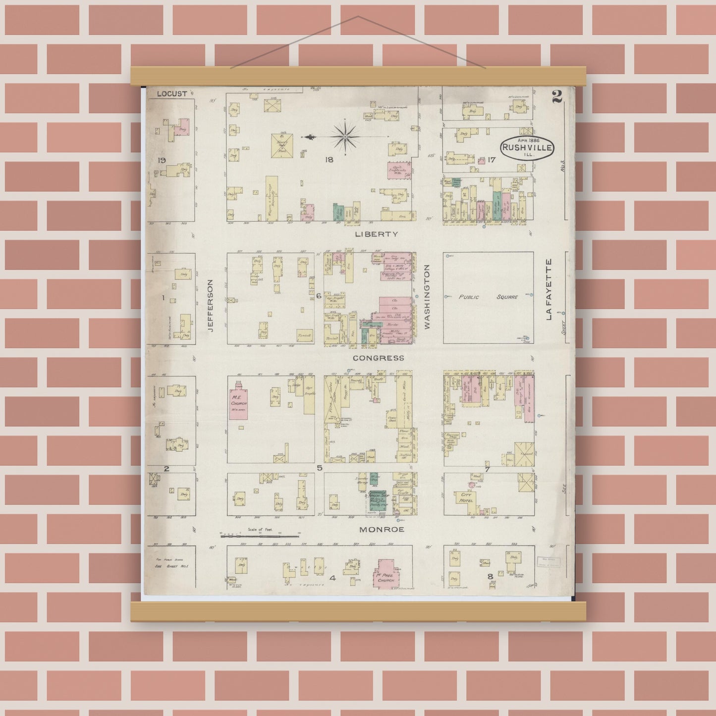 Old map wall art mockup — magnetic wood frame on brick wall — Sanborn Fire Insurance Map from Rushville, Schuyler County, Illinois (1886), Sheet #0002