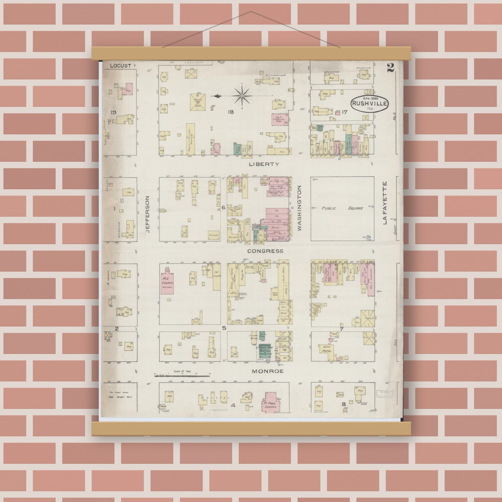 Old map wall art mockup — magnetic wood frame on brick wall — Sanborn Fire Insurance Map from Rushville, Schuyler County, Illinois (1886), Sheet #0002