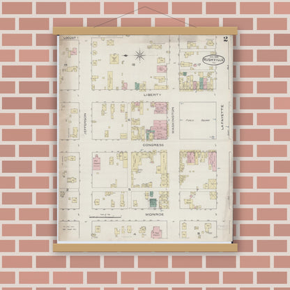 Old map wall art mockup — magnetic wood frame on brick wall — Sanborn Fire Insurance Map from Rushville, Schuyler County, Illinois (1886), Sheet #0002