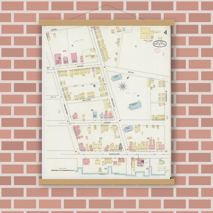 Old map wall art mockup — magnetic wood frame on brick wall — Sanborn Fire Insurance Map from Bristol, Bucks County, Pennsylvania (1894), Sheet #0004
