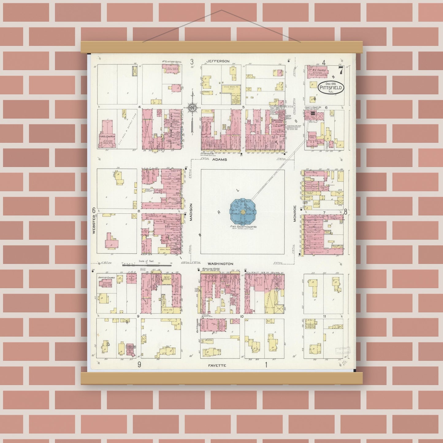 Old map wall art mockup — magnetic wood frame on brick wall — Sanborn Fire Insurance Map from Pittsfield, Pike County, Illinois (1913), Sheet #0007