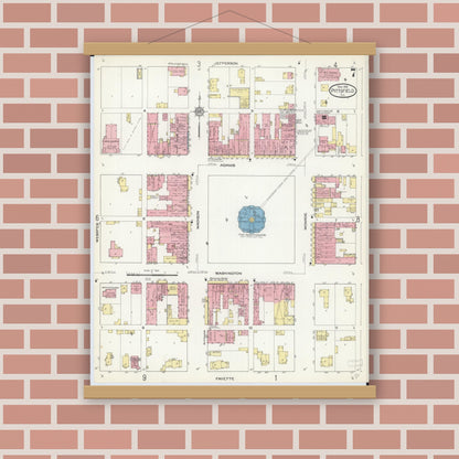 Old map wall art mockup — magnetic wood frame on brick wall — Sanborn Fire Insurance Map from Pittsfield, Pike County, Illinois (1913), Sheet #0007
