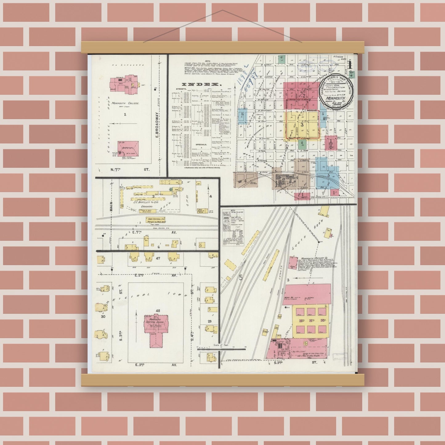 Old map wall art mockup — magnetic wood frame on brick wall — Sanborn Fire Insurance Map from Monmouth, Warren County, Illinois (1898) - Complete Map Set