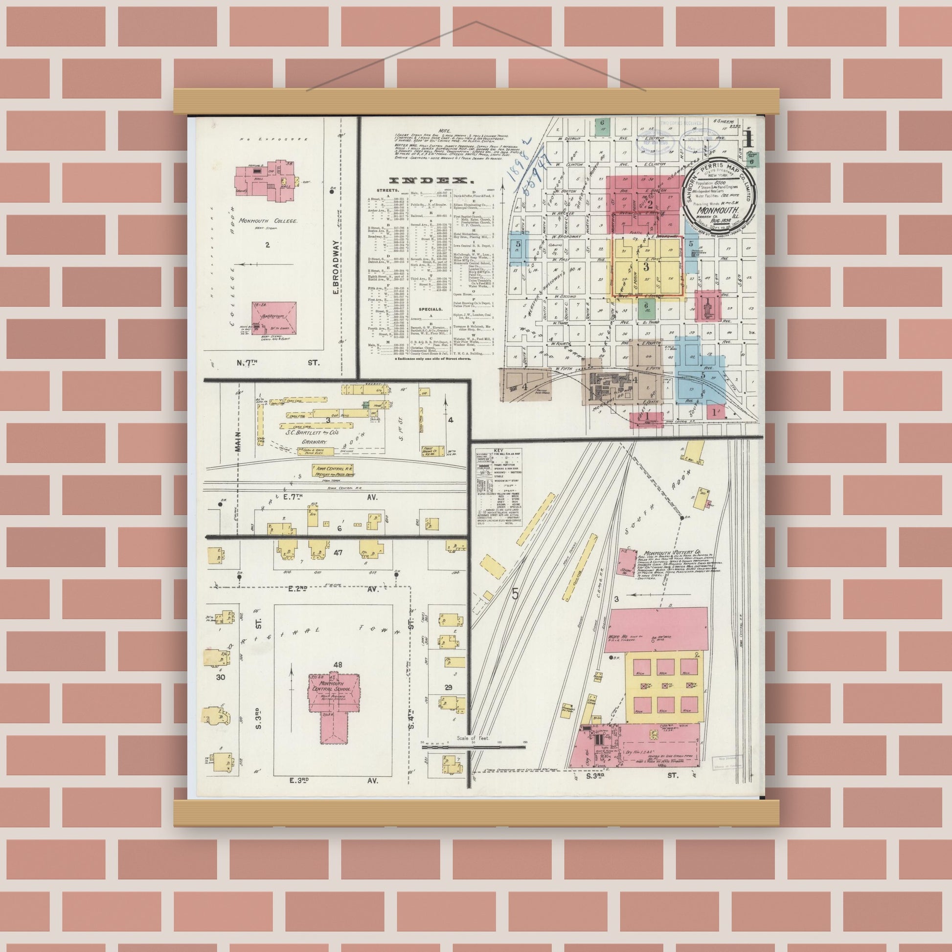 Old map wall art mockup — magnetic wood frame on brick wall — Sanborn Fire Insurance Map from Monmouth, Warren County, Illinois (1898) - Complete Map Set