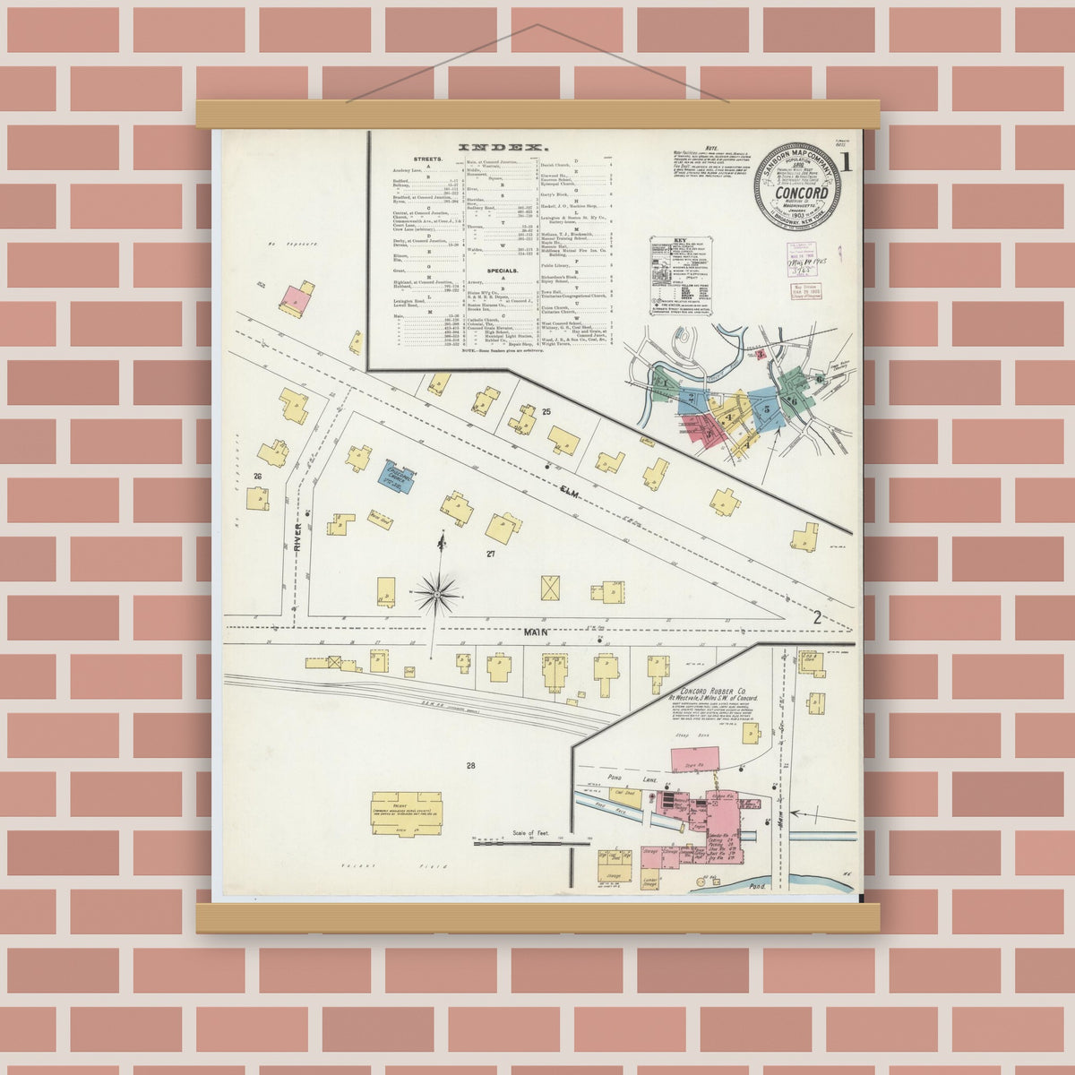 Old map wall art mockup — magnetic wood frame on brick wall — Sanborn Fire Insurance Map from Concord, Middlesex County, Massachusetts (1903), Sheet #0001