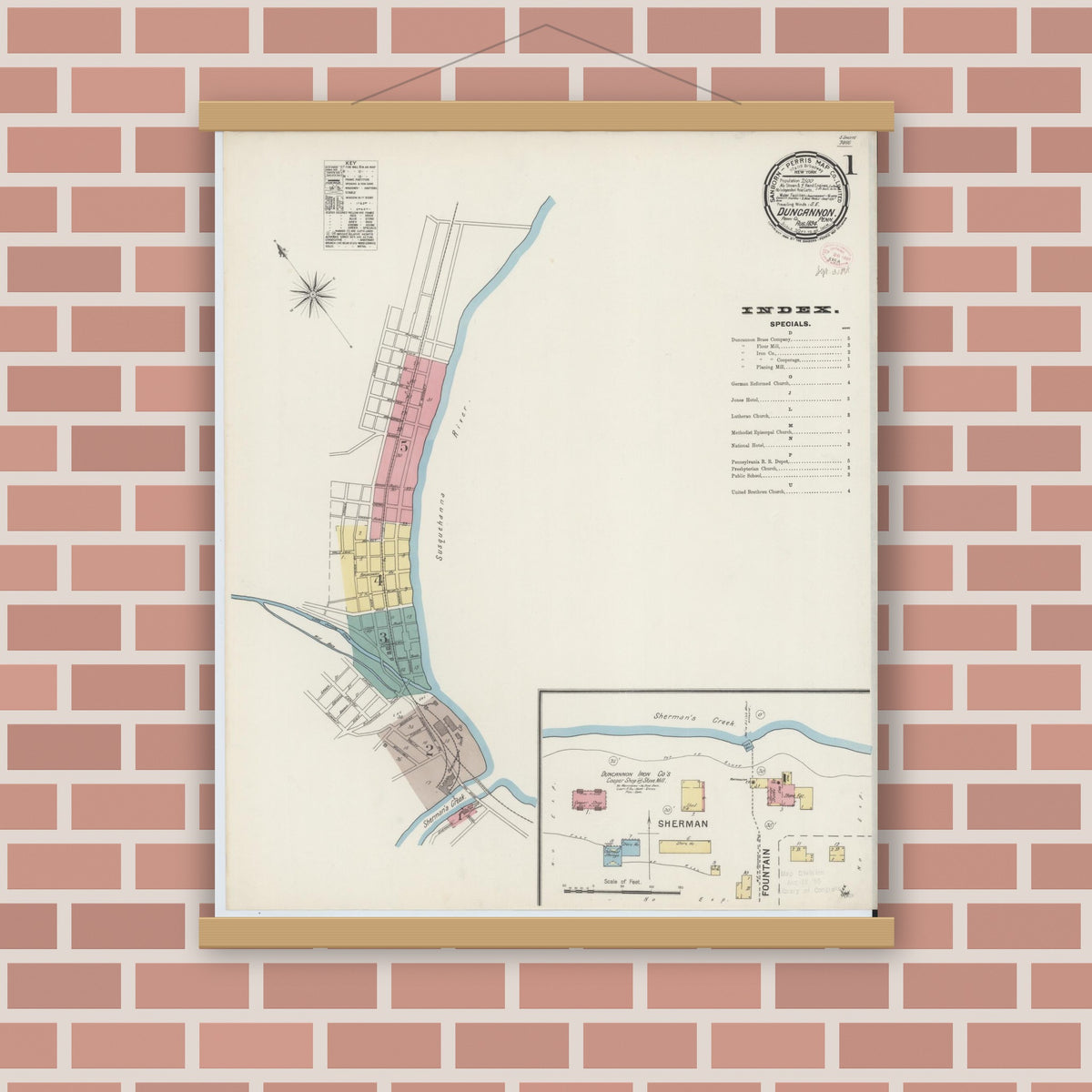 Old map wall art mockup — magnetic wood frame on brick wall — Sanborn Fire Insurance Map from Duncannon, Perry County, Pennsylvania (1894) - Complete Map Set